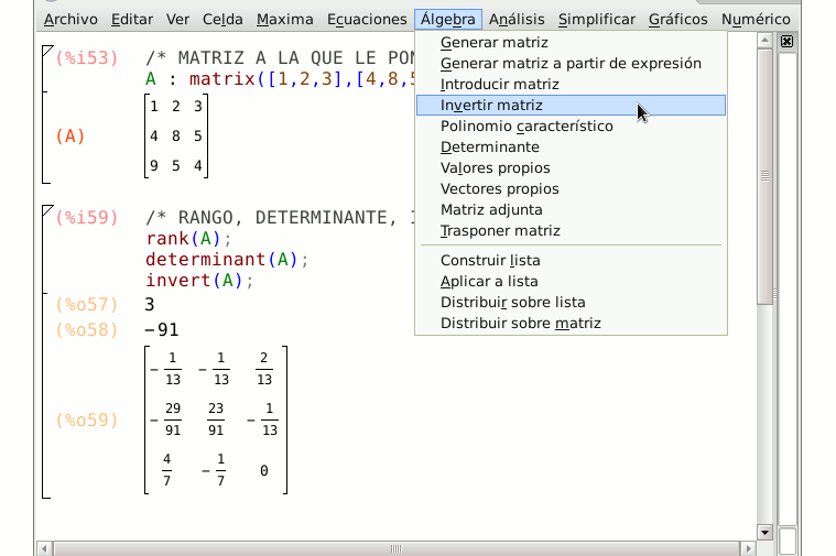 Matrices con wxmaxima