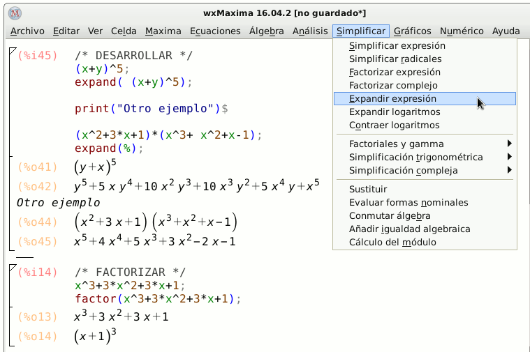 Desarrollar, simplificar con wxmaxima